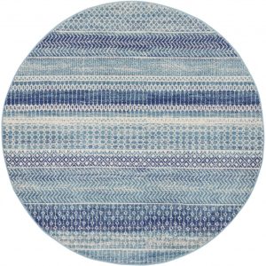 5?Round Navy Blue Ornate Stripes Area Rug