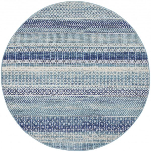 5?Round Navy Blue Ornate Stripes Area Rug
