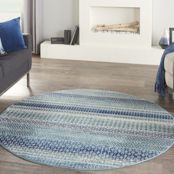 5?Round Navy Blue Ornate Stripes Area Rug - Image 2