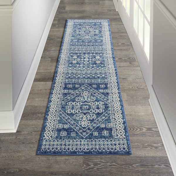 2?x 8?Navy Blue and Ivory Persian Motifs Runner Rug - Image 4