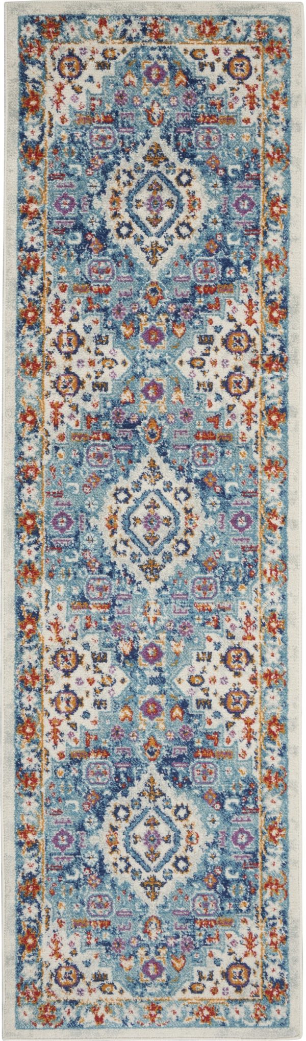 2?x 8?Ivory and Blue Floral Motifs Runner Rug