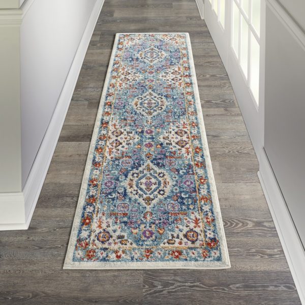 2?x 8?Ivory and Blue Floral Motifs Runner Rug - Image 4