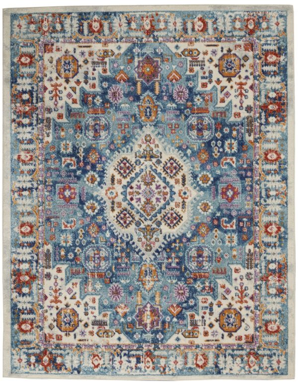 5?x 7?Ivory and Blue Floral Motifs Area Rug