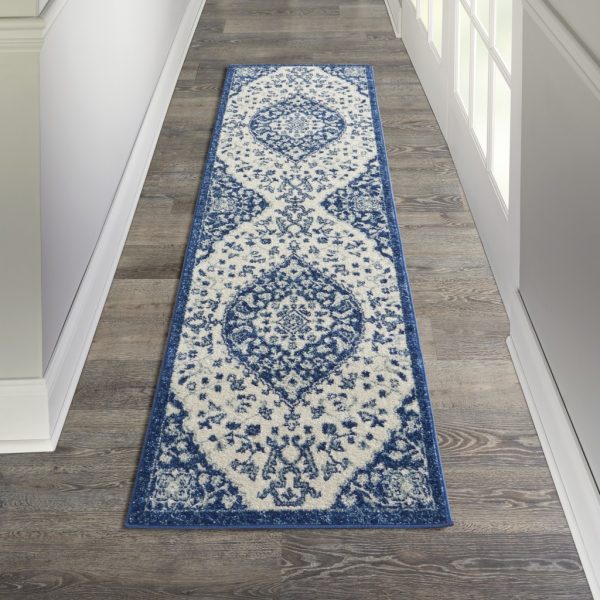 2?x 8?Ivory and Blue Medallion Runner Rug - Image 4