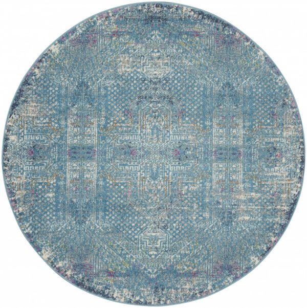 5?Round Blue Distressed Medallion Area Rug
