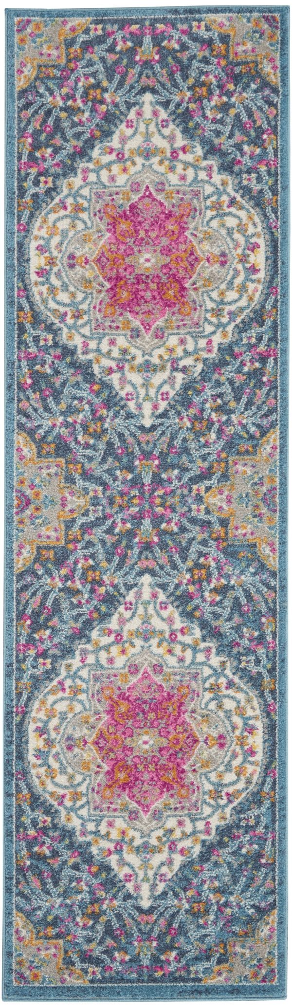 2?x 10?Blue and Pink Medallion Runner Rug