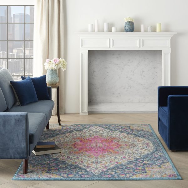 4?x 6?Blue and Pink Medallion Area Rug - Image 3