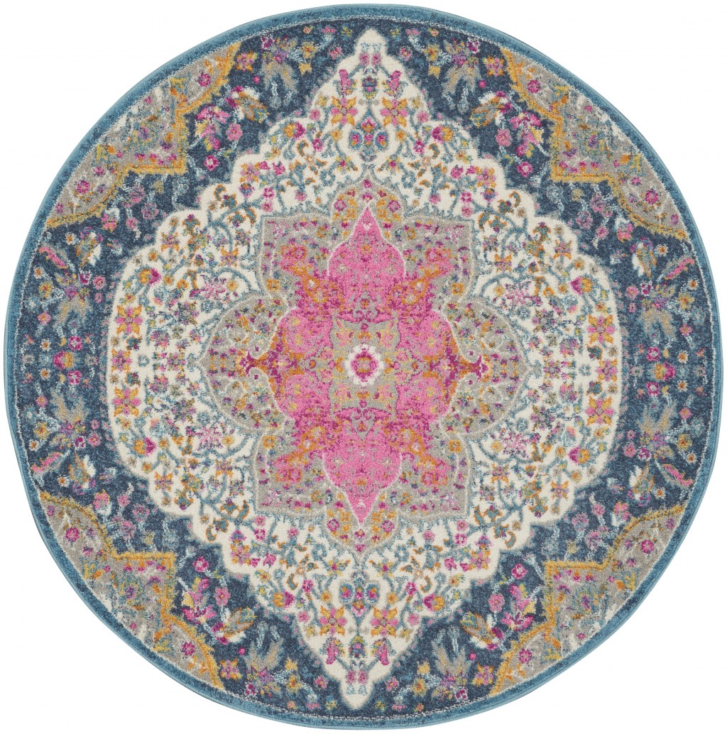 4?Round Blue and Pink Medallion Area Rug