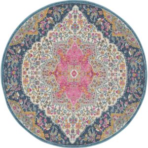 5?Round Blue and Pink Medallion Area Rug