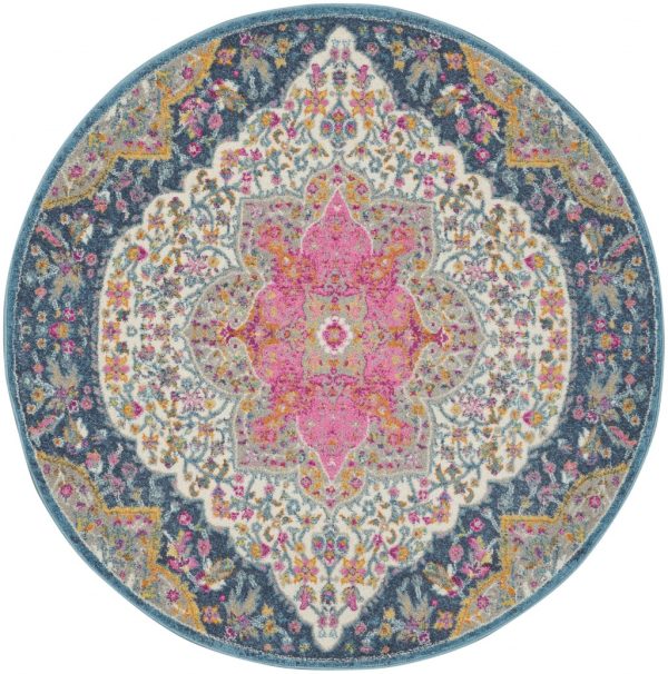 5?Round Blue and Pink Medallion Area Rug