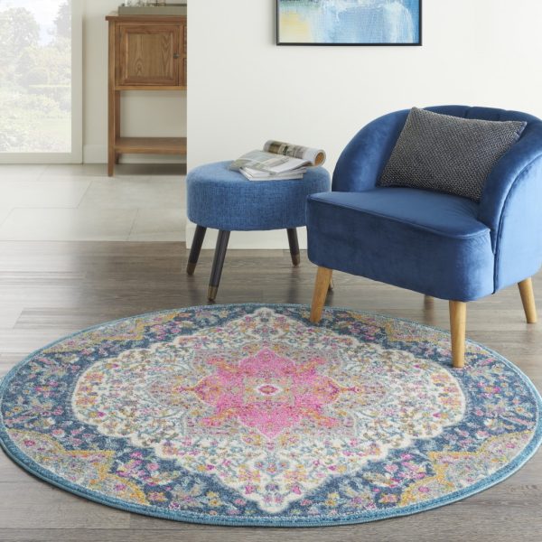 5?Round Blue and Pink Medallion Area Rug - Image 3