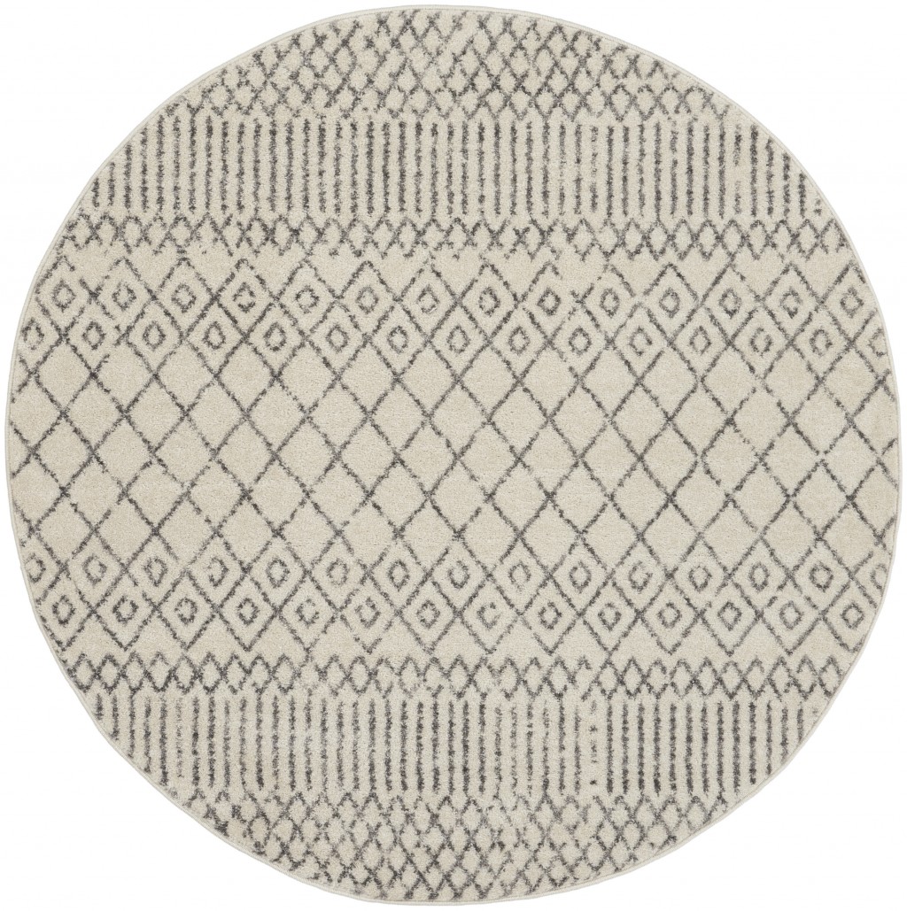 5?Round Ivory and Gray Geometric Area Rug