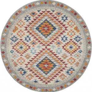 5?Round Ivory and Red Diamonds Area Rug