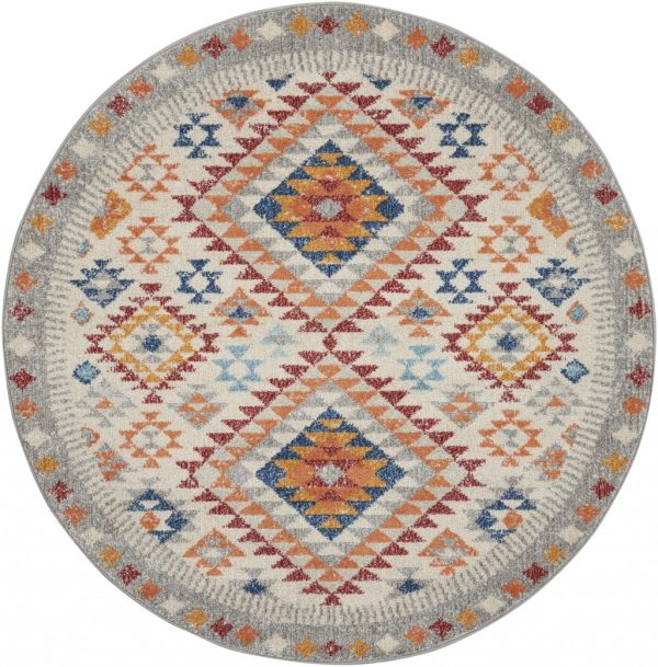 5?Round Ivory and Red Diamonds Area Rug