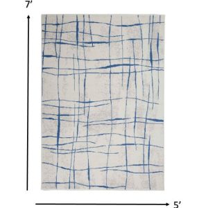 5?x 7?Ivory and Blue Irregular Grids Area Rug