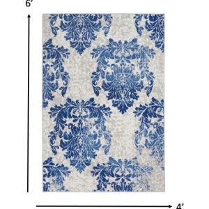 4?x 6?Ivory and Navy Damask Area Rug