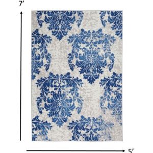 5?x 7?Ivory and Navy Damask Area Rug