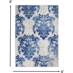 6?x 9?Ivory and Navy Damask Area Rug