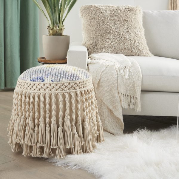 18" Boho Ivory Macrame Round Pouf Ottoman - Image 3