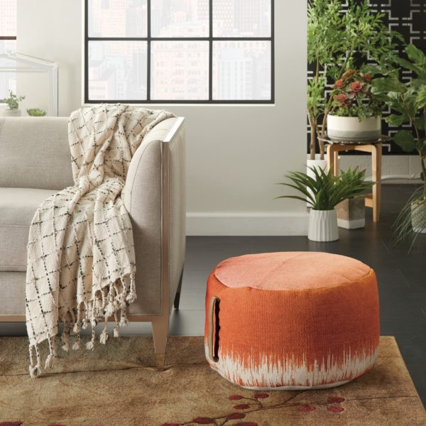 20" Terra Cotta and Abstract Round Pouf Ottoman - Image 3