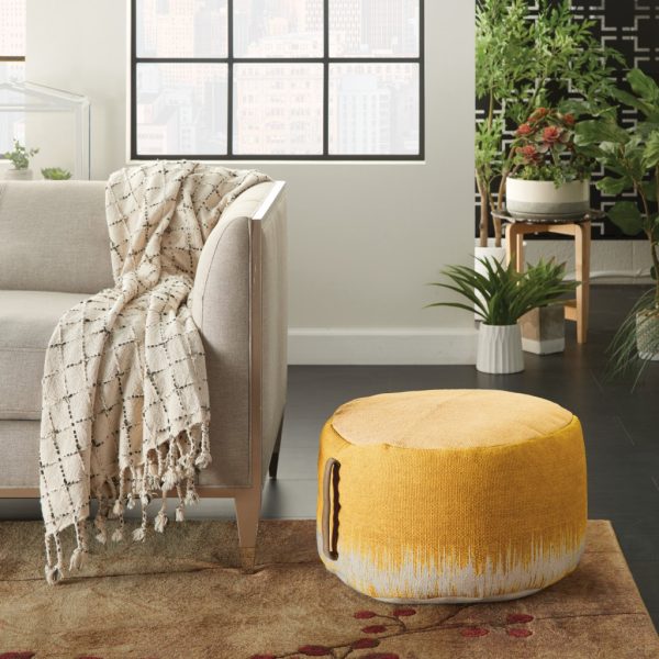 20"  Rustic Yellow Abstract Round Pouf Ottoman - Image 3