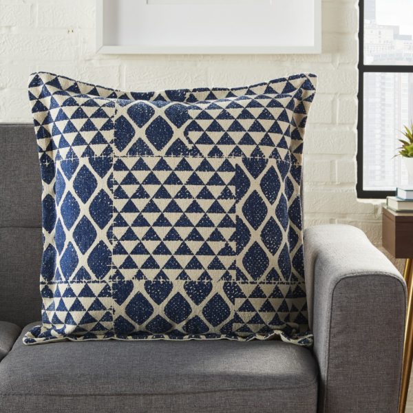 Indigo and Beige Patchwork Throw Pillow - Image 3