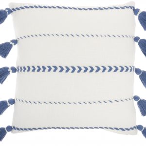 Bohemian White Cotton Accent Pillow with Blue Tassel Details