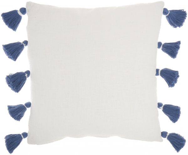 Bohemian White Cotton Accent Pillow with Blue Tassel Details - Image 2