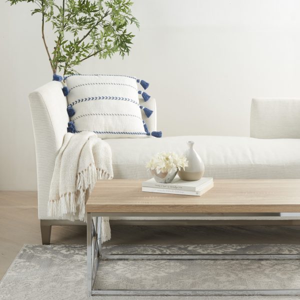 Bohemian White Cotton Accent Pillow with Blue Tassel Details - Image 3