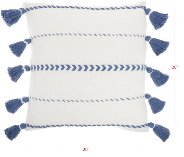 Bohemian White Cotton Accent Pillow with Blue Tassel Details - Image 5