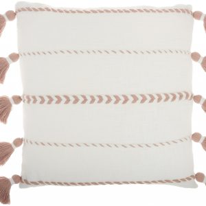 Bohemian White Cotton Accent Pillow with Blush Tassel Details