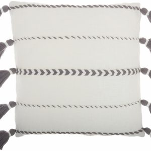 Bohemian White Cotton Accent Pillow with Grey Tassel Details