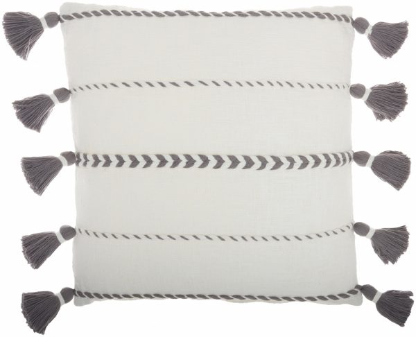 Bohemian White Cotton Accent Pillow with Grey Tassel Details