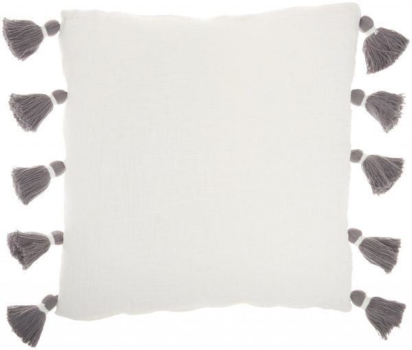 Bohemian White Cotton Accent Pillow with Grey Tassel Details - Image 2