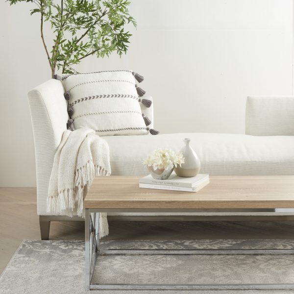 Bohemian White Cotton Accent Pillow with Grey Tassel Details - Image 3