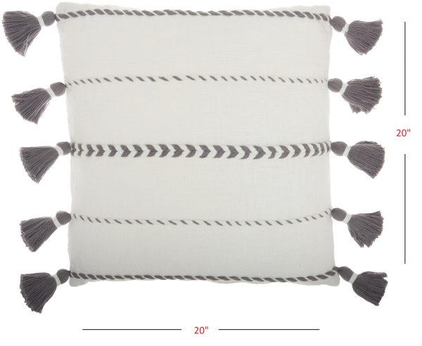 Bohemian White Cotton Accent Pillow with Grey Tassel Details - Image 5