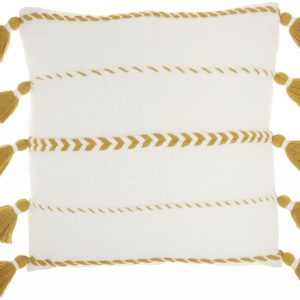 Bohemian White Cotton Accent Pillow with Mustard Tassel Details