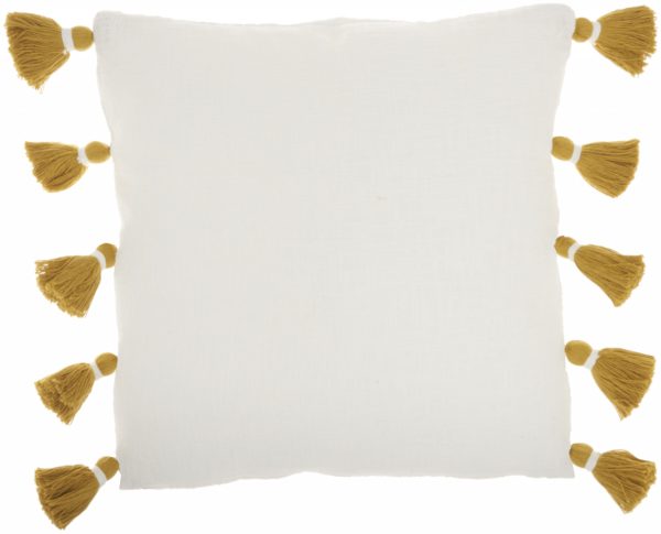 Bohemian White Cotton Accent Pillow with Mustard Tassel Details - Image 2
