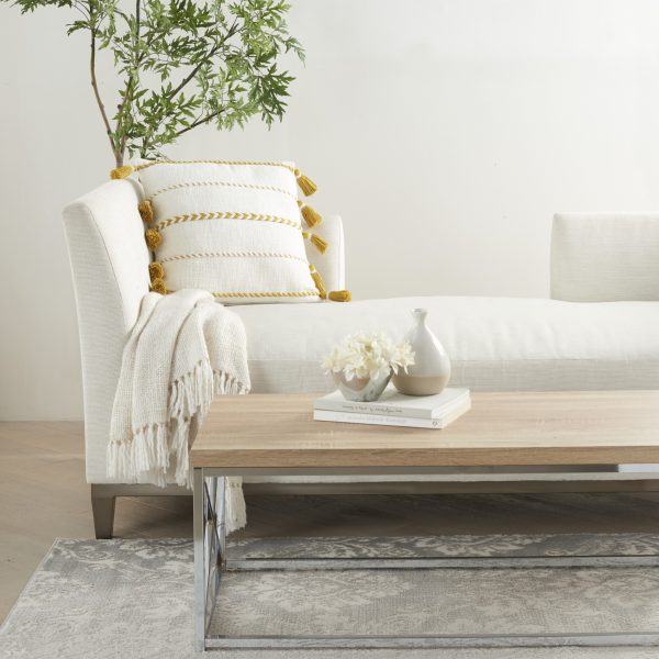 Bohemian White Cotton Accent Pillow with Mustard Tassel Details - Image 3