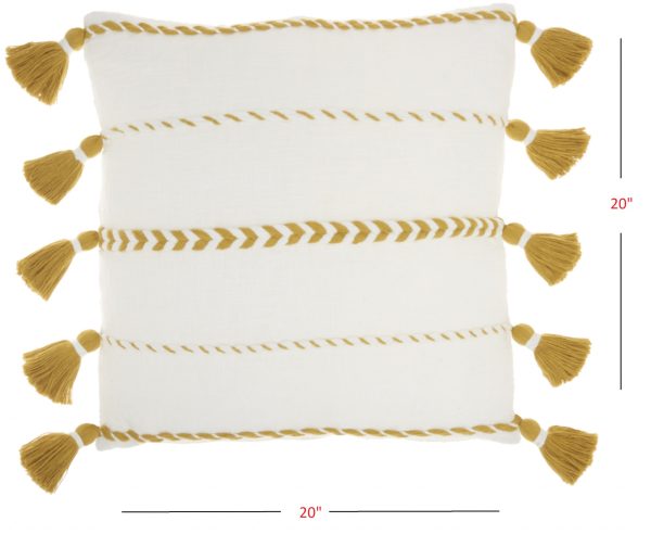 Bohemian White Cotton Accent Pillow with Mustard Tassel Details - Image 5