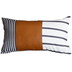 Geometric Brown Faux Leather and Stripes Lumbar Pillow Cover