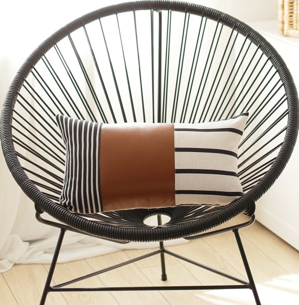 Geometric Brown Faux Leather and Stripes Lumbar Pillow Cover - Image 2