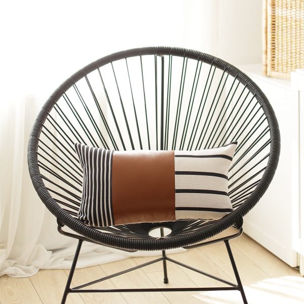 Geometric Brown Faux Leather and Stripes Lumbar Pillow Cover - Image 3