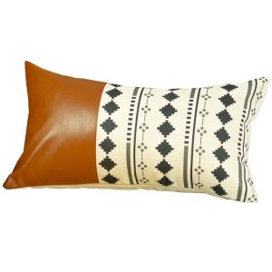 Geometric Patterns and Brown Faux Leather Lumbar Pillow Cover