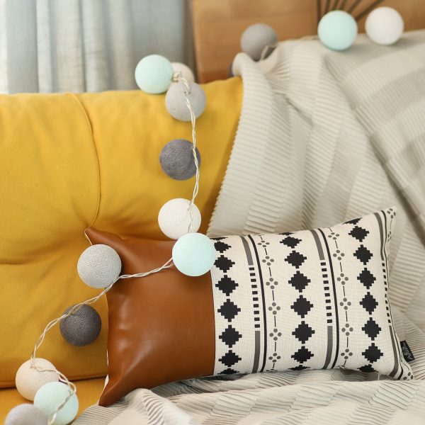 Geometric Patterns and Brown Faux Leather Lumbar Pillow Cover - Image 2