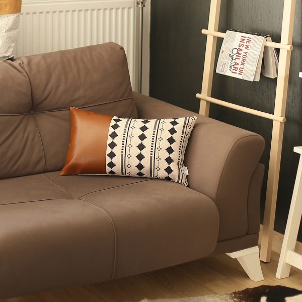 Geometric Patterns and Brown Faux Leather Lumbar Pillow Cover - Image 4