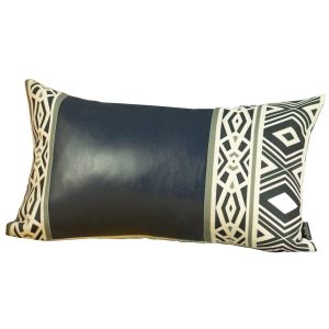 Rectangular Spruce Blue Faux Leather and Geometric Pattern Lumbar Pillow Cover