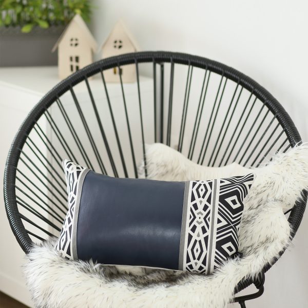 Rectangular Spruce Blue Faux Leather and Geometric Pattern Lumbar Pillow Cover - Image 2