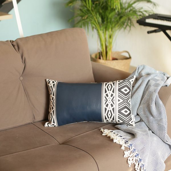 Rectangular Spruce Blue Faux Leather and Geometric Pattern Lumbar Pillow Cover - Image 3