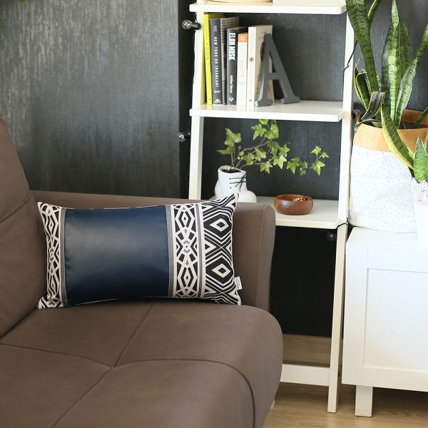 Rectangular Spruce Blue Faux Leather and Geometric Pattern Lumbar Pillow Cover - Image 4